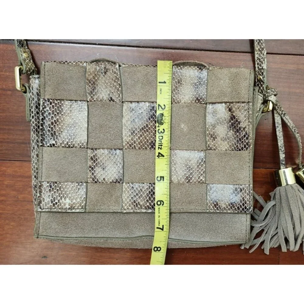 Antropologie Morgan  Woven Suede Crossbody Bag Snakeskin Accents Tassel Boho